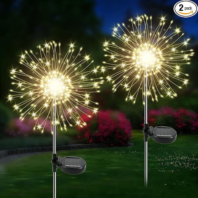 Solar Garden Lights Outdoor, 2 Pack 120 LED Twinkling Firework Lights Decorative with 2 Modes, Outdoor Waterproof Solar Starburst Light for Yard Pathway Planter Patio Decor, Warm White