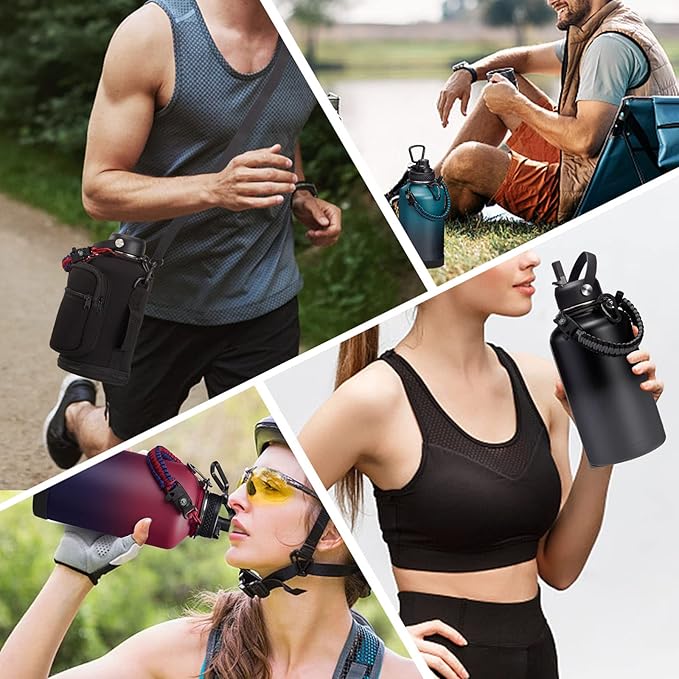 Half Gallon Insulated Water Bottle - with Straw & Spout Lid, Paracord Handle & Carrier Bag, Protective Cup Mat, 64oz Vacuum Stainless Steel Water Bottle, Metal Vacuum Flasks Keep Cold 48h Hot 24h