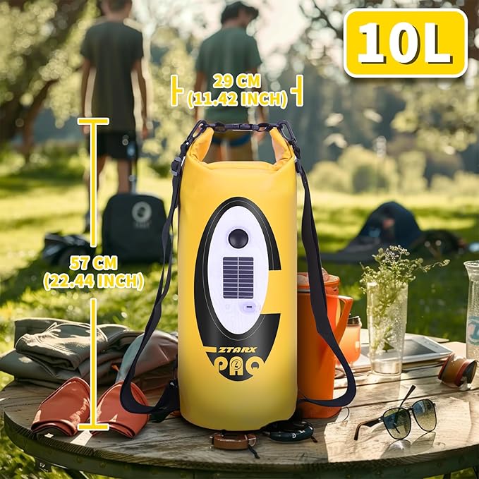 FELICON Solar/Battery Powered Multi-Functional Backpack with Bluetooth Speaker,IP66 Waterproof Dry Bag,Heavy Duty Roll Top Closure,Large Capacity Bag for Camping,Hiking,Traveling (Yellow 10L)