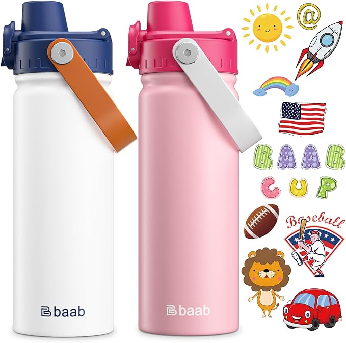 baab 18oz Kids Water Bottle, Insulated Kids Water Bottle with Lockable Spout Lid & Stickers, 18/8 Stainless Steel Vacuum Leakproof Kid Water Cup for Boy Girl School (White+Pink, 2 Pack)