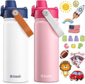 baab 18oz Kids Water Bottle, Insulated Kids Water Bottle with Lockable Spout Lid & Stickers, 18/8 Stainless Steel Vacuum Leakproof Kid Water Cup for Boy Girl School (White+Pink, 2 Pack)