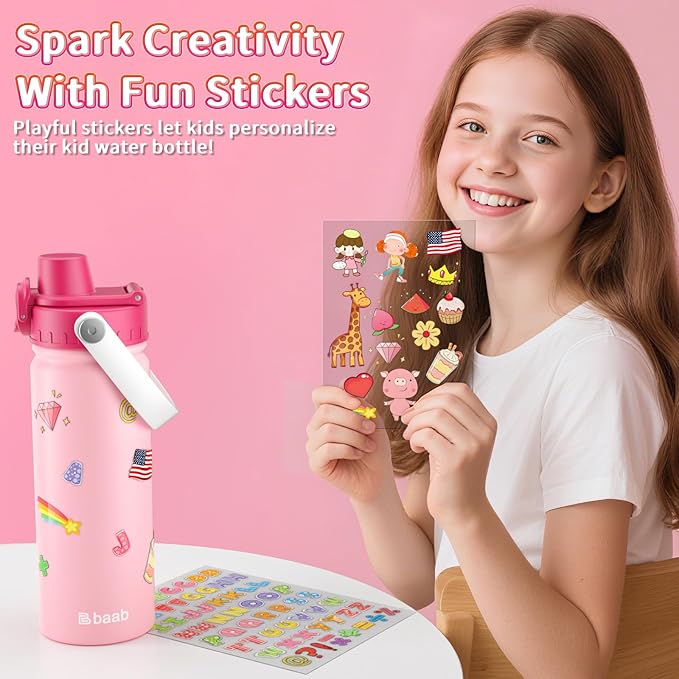 baab 18oz Kids Water Bottle, Insulated Kids Water Bottle with Lockable Spout Lid & Stickers, 18/8 Stainless Steel Vacuum Leakproof Kid Water Cup with Handle for Boy Girl & School (Rose Pink, 1 Pack)