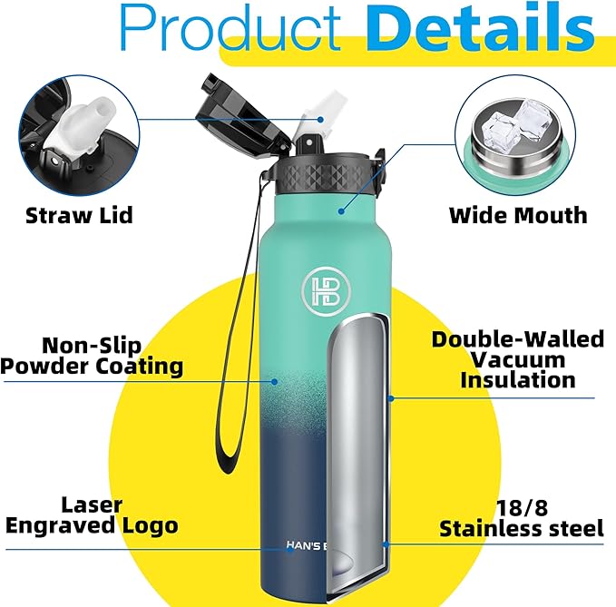 Han's Bottle Sports Water Bottle - 24 Oz, Straw Lid, Leak Proof, Vacuum Insulated Stainless Steel, Double Walled, Thermo Mug,Gradient Blue
