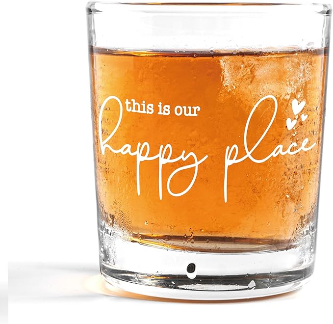 Nogrit This Is Our Happy Place Whiskey Glasses 10 oz, Modern Farmhouse Old Fashioned Rocks Glasses for Men Women Drinking Cocktail Scotch Vodka Tequila Rum