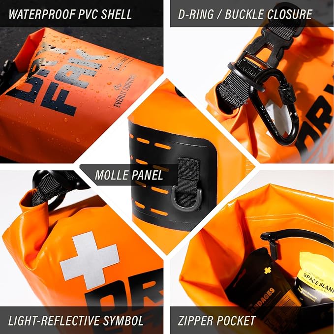 EVERLIT 290 Pc Waterproof First Aid Kit Dry FAK Medical Kit Emergency Survival Kit for Boat, Backpacking, Hiking, Fishing, Travel, Kayaking (Orange) (Clear)