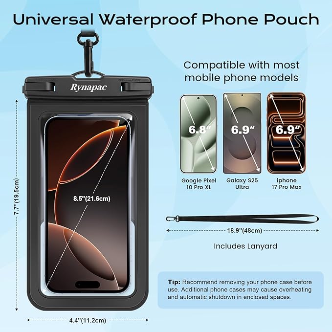 Rynapac Waterproof Phone Pouch - 2 Pack, IPX8 Waterproof Phone Case with Lanyard for iPhone 17 16 15 Pro Max, Cell Phone Dry Bag for Beach Vacation Travel Cruise Essentials, Touch Screen, Up to 8.5"