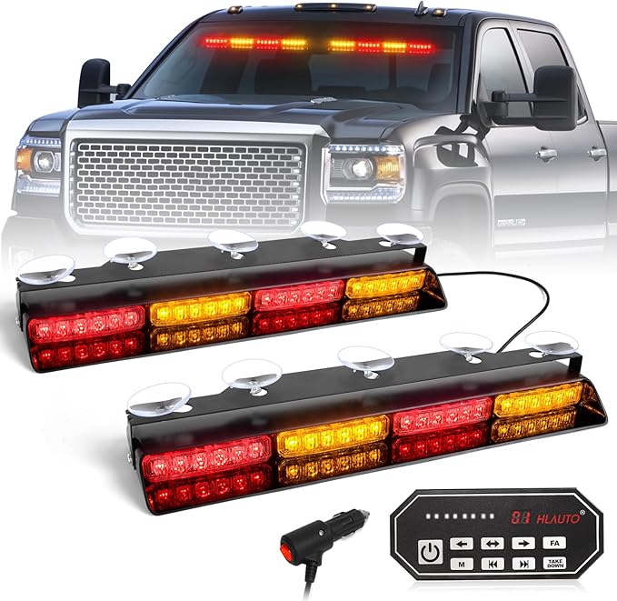 HLauto 604N Emergency Dash Strobe Lights: 2x16.8 inch Amber Red Security Light w/Take Down, 48 LED Safety Flashing Warning Hazard Interior Windshield Light Bar for Trucks Vehicles