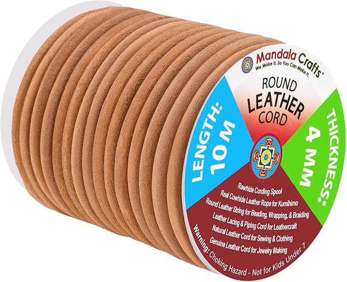 Mandala Crafts Round Genuine Camel Leather Cord for Jewelry Making – 4mm Cowhide Leather Rope String Lace for Kumihimo – 11 Yards Cowhide Craft Cording Spool