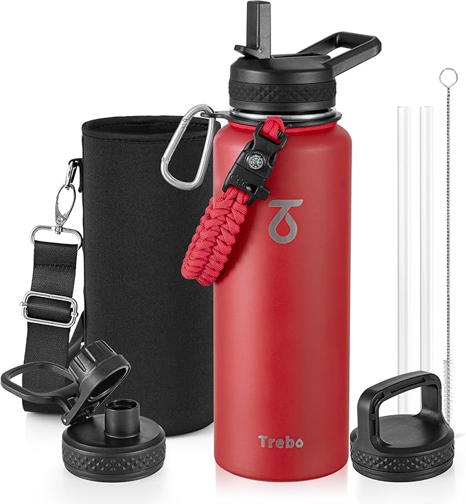 Trebo Water Bottle 40oz with Paracord Handle, Half Gallon Large Vacuum Triple Wall Stainless Steel Insulated Water Jug with Holder Strap Straw Spout Lids, Leakproof Keep Cold & Hot, Red
