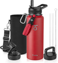 Trebo Water Bottle 40oz with Paracord Handle, Half Gallon Large Vacuum Triple Wall Stainless Steel Insulated Water Jug with Holder Strap Straw Spout Lids, Leakproof Keep Cold & Hot, Red