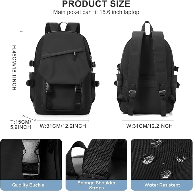 coowoz School Backpack for Men Women College Bookbag Waterproof Lightweight Black Backpack Mochilas Book Bag Rucksack Casual Daypack School Bag for Boys Girls