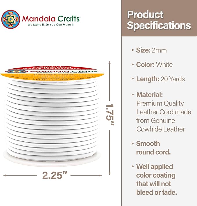 Mandala Crafts Round Cowhide Genuine White Leather Cord for Jewelry Making Kumihimo Leather Rope Spool - White String Lace - 20 Yds 2mm Cording