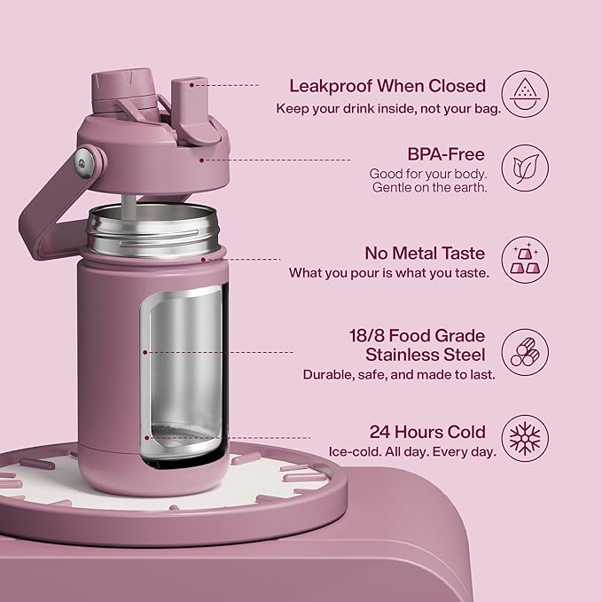 Kids Insulated Water Bottle with Straw - 12oz Stainless Steel Water Bottle with Dual Spouts, Leak-Proof, BPA-Free, Double Wall Vacuum Keeps Cold for 24 Hours for Sports, School (Mountbatten Pink)