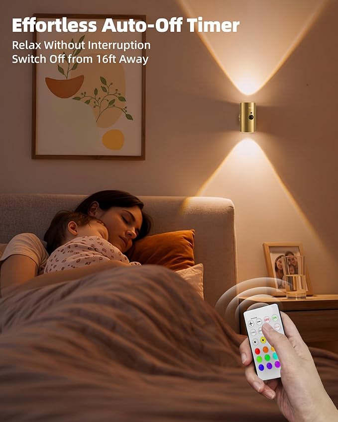 EZVALO Motion Sensor Wall Sconce with Remote, Battery Operated 4000mAh Rechargeable Wall Light, 3 Color Temperatures & 12 RGB, Up & Down LED Lighting for Hallway, Stairway (Brass Gold, 1 Pack)