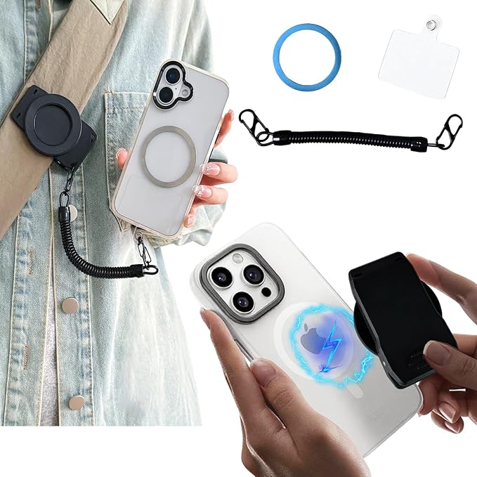 Upgraded Magnetic Belt Clip for Phone with Safety Strap - Hands-Free, Compatible with MagSafe, Magnetic Clip Phone Holder for Backpack Strap Harness - Running, Hiking, Delivery, Outdoor EYJ