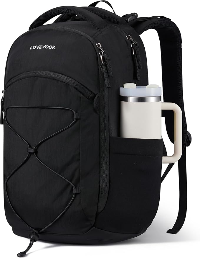 LOVEVOOK Everyday Laptop Backpack for Women & Men With Giant Tumbler Holder,18 Inch Classic Travel Work College Teacher Carry on Backpack Purse,Waterproof Computer laptop Bag Hiking Backpack,Black