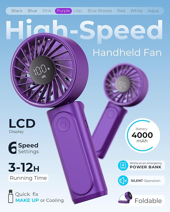 Peiyuu Portable Handheld Fan, 4000mAh, USB Rechargeable 180° Foldable Mini Desk Fan, 6 Wind Speed, LCD Digital Display, Lanyard as Neck Fan, Ultra Quiet, Pocket Size for Indoor Outdoor