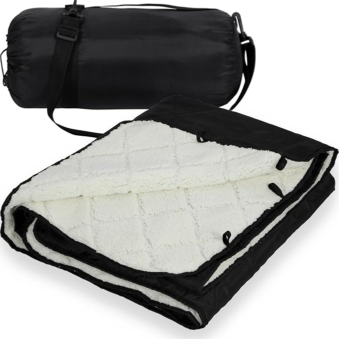 REDCAMP 59"x79" Large Warm Camping Blanket Waterproof Windproof with Fleece Lining, Outdoor Blanket for Cold Weather Stadium Picnic Travel, Machine Washable Black & White