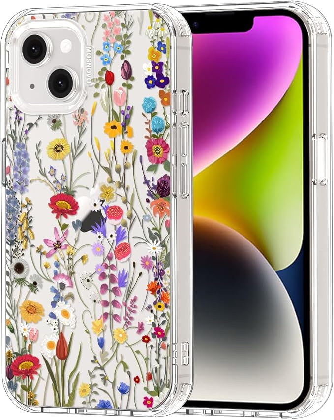 MOSNOVO for iPhone 13/14 Case | Military Grade 6.6ft Drop Tested | Clear with Wildflower Meadow Design