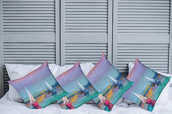 Ambesonne Abstract Oil Painting Decorative Throw Pillow Case Pack of 4, Modern Art with Boat Sail on The Sea Illustration of Nautical Motifs, Cushion Cover for Couch Living Room Car, 16", Purple Teal