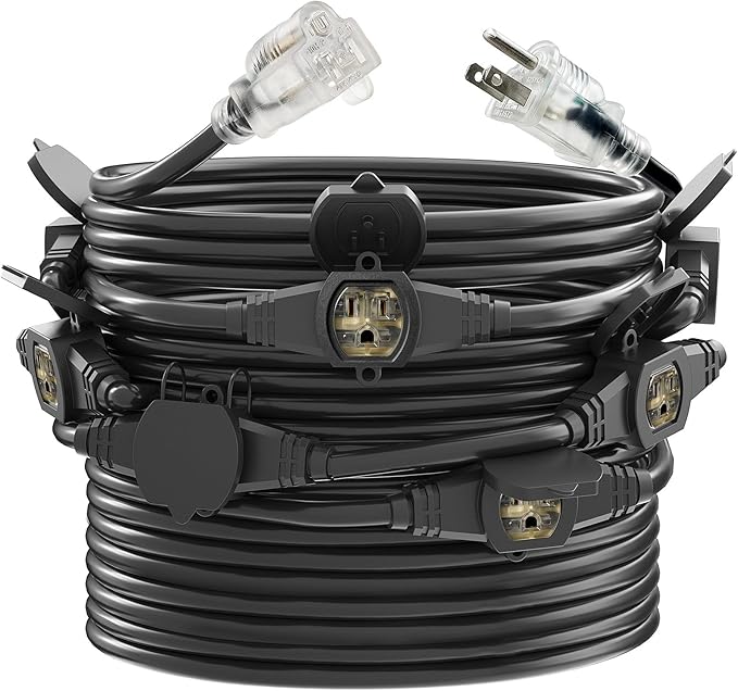 50FT Outdoor Extension Cord, 14 Gauge SJTW 5-15R Cable Male Plug to Female Connector,10 Evenly Spaced Outlets Plugs,Suitable for Stage Setting or Outdoor,UL Certified Outlet Cable.