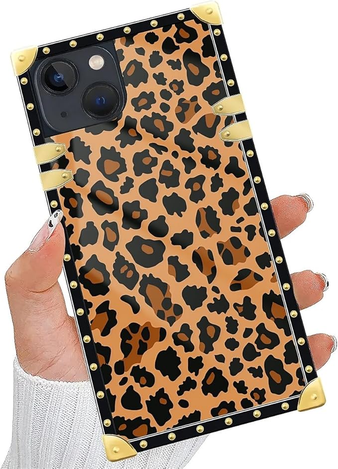 Compatible with iPhone 13 Case, Brown Leopard Texture Luxury Golden Decoration for Girl Women Soft TPU Shockproof Protective Hard PC Back for iPhone 13