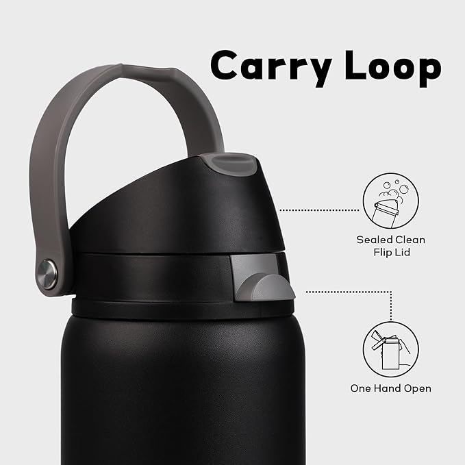 32 oz Insulated Water Bottle for Travel, 2-in-1 Quick Flip Straw and Push Button Spout Lid, Triple Walled Vacuum Stainless Steel Keep Cold for 30Hrs, Leakproof, for Gym, Hiking, Trip, Black