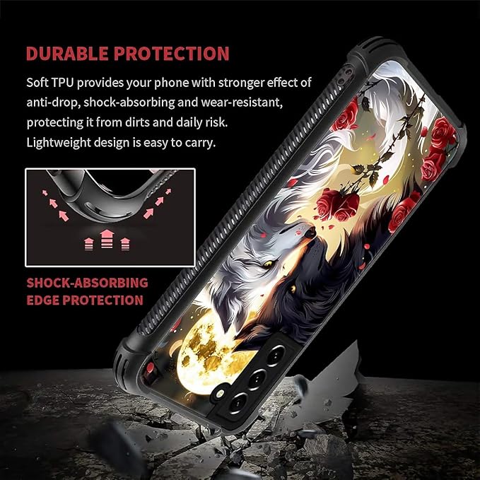 for Samsung Galaxy S21 Case, Black White Wolf Moon Flower Rose Pattern Graphic Design Girl Boy Soft Silicone Hard Acrylic Shock Protection for Samsung Galaxy S21
