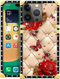 Compatible with iPhone 14 Pro Max Case, Shining Red Rose Butterfly Leather Background Luxury Golden Decoration for Girl Women Soft TPU Shockproof Protective Hard PC Back