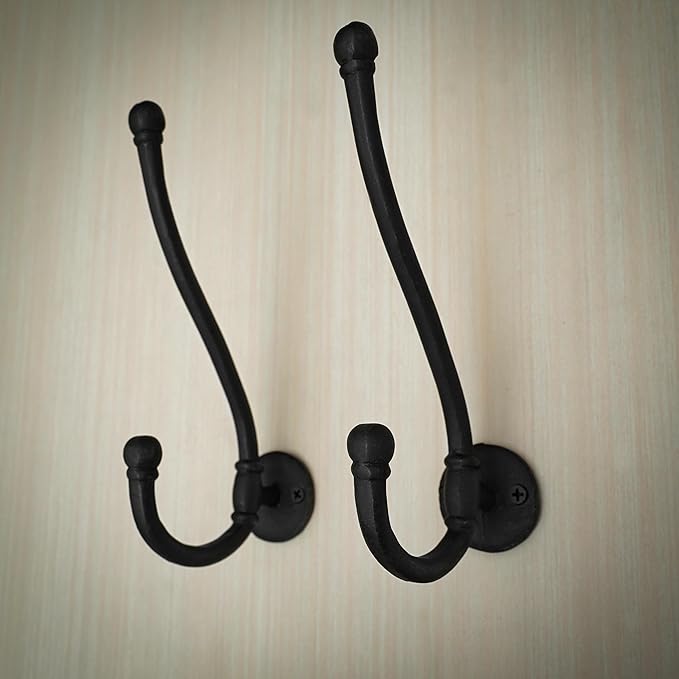 Mystic Colonial Rustic Cast Iron Wall Hooks, Heavy Duty Retro Utility Hanger, Multi Purpose Wall Mount Hooks for Hanging Coat, Bag, Towel, Robe, Hat, Pack of 2-8"" x 1.5"""