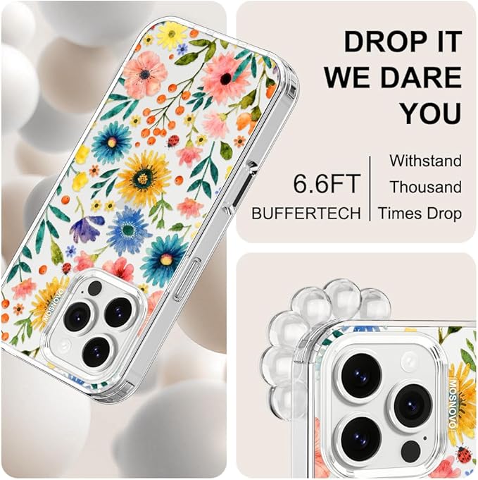 MOSNOVO for iPhone 16 Pro Max Case, Shockproof Military-Grade Protection 6.6ft Drop Tested, Clear Phone Case for iPhone 16 Pro Max, Wildflower Bloom Design