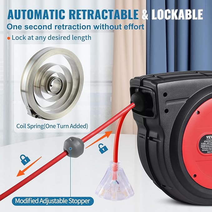 VEVOR 80FT Retractable Extension Cord Reel, 12AWG/3C SJTOW Heavy Duty Power Cord w/Lighted Electrical Triple Tap Outlets, 15A Circuit Breaker,180° Swivel Bracket for Workshop or Garage, Red