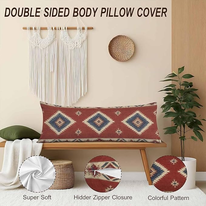 Decorative Body Pillow Covers 20x54inch Ethnic Red, Southwest Native American Style Chevron Body Pillow Case Cushion Cover Wrinkle Fade Body Pillowcases for Bed/Sofa/Couch/Patio/Balcony