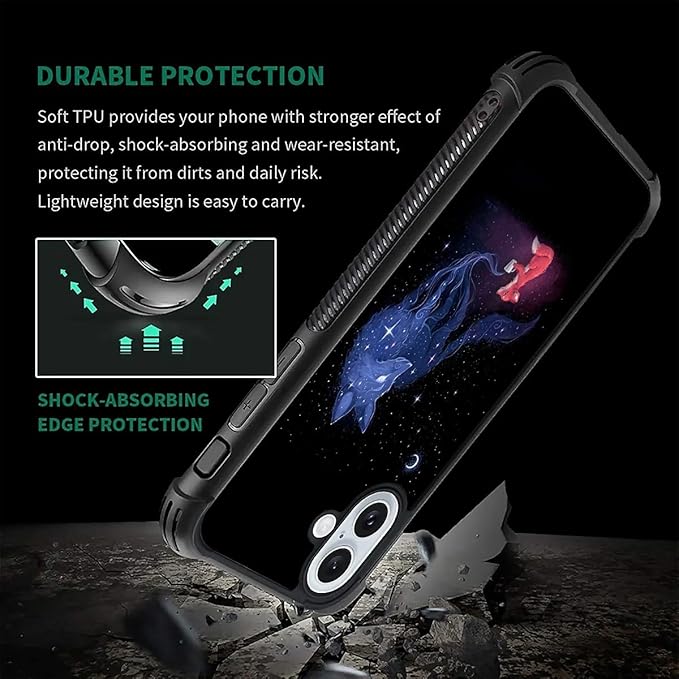for iPhone 16 Plus Case, Galaxy Fox Wolf Pattern Graphic Design Girl Boy Soft Silicone Hard Acrylic Shock Protection for iPhone 16 Plus