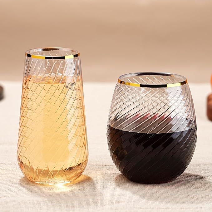 48 Pack Plastic Wine Glasses – 24 x 9oz Stemless Champagne Flutes & 24 x 12oz Disposable Wine Glasses – Plastic Cups with Gold Rim – BPA-Free Drinkware for Weddings, Parties (Gold Rim Hammered)