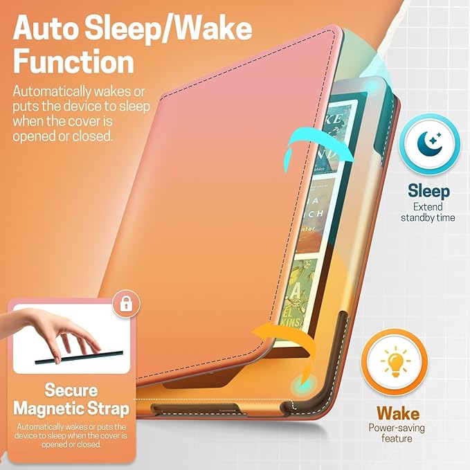 TNP Stand Case for Kindle Paperwhite 12th Generation 2024 / Kindle Colorsoft Signature Edition with Hand Strap & Card Slot - 7" PU Leather Protective Folio Cover with Auto Wake/Sleep, Pink Orange