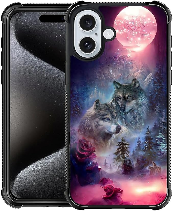 for iPhone 16 Plus Case, Star Two Wolfs Howling Pattern Graphic Design Girl Boy Soft Silicone Hard Acrylic Shock Protection for iPhone 16 Plus