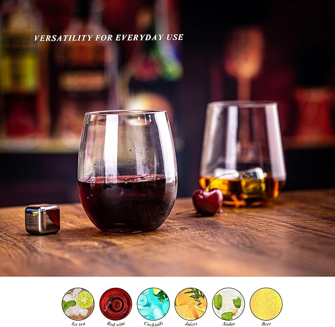 18oz Clear Stemless Wines Cups (Set of 8), Shatter-Proof Acrylic Glasses Drinkware, Reusable Plastic Bar Glasses, BPA-Free, Dishwasher-Safe