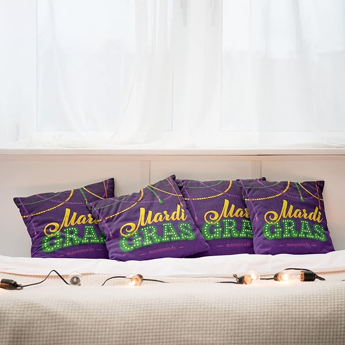 Ambesonne Mardi Gras Throw Pillow Cushion Case Pack of 4, Beads and Tassels Masquerade Theme Calligraphy Design Fun Print, Modern Accent Double-Sided Digital Printing, 16", Purple Marigold