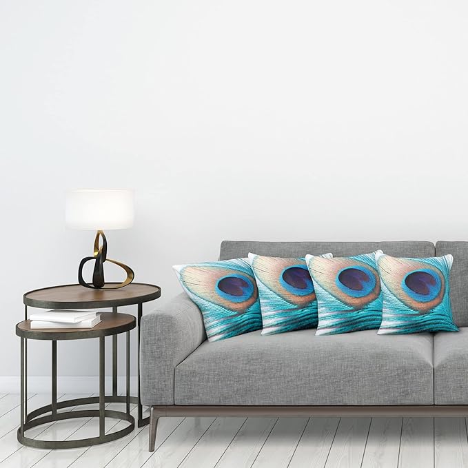 Ambesonne Feather Throw Pillow Cushion Case Pack of 4, Close up Pattern of Peacock Fluff in Vibrant Tones Natural Wildlife Theme Print, Modern Accent Double-Sided Digital Printing, 24", Aqua Cream