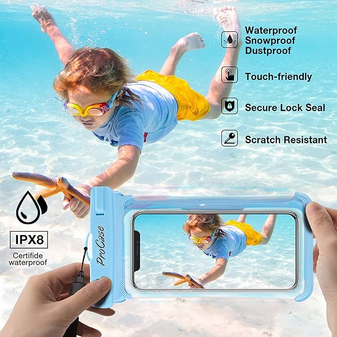 ProCase 2 Pack Waterproof Phone Pouch, Underwater Phone Case Up to 7", Dry Bag for iPhone 17 Air 16 15 14 13 Pro Plus Max, Galaxy S24 S23 S22 Ultra Pixel, Beach Essentials -Blue & Black