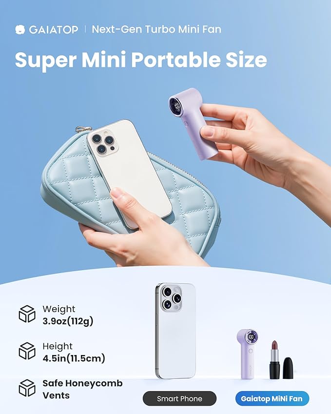 Gaiatop Mini Portable Handheld Fan, 4000mAh [15h Max Runtime] Personal Turbo Fans Pocket Size, High Speed 1-100 Adjustable Small Hand Fan, Outdoor Travel Concert Essentials, Gifts for Women Men Purple