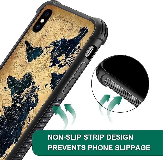 for iPhone X/Xs Case, Brown World Map Pattern Made of Soft Silicone Hard Acrylic Shock Protection for iPhone X/Xs