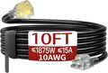 10 FT 10 Gauge Extension Cord Outdoor, Heavy Duty Weatherproof & Flame Retardant Black 3 Prong Power Cord with Light, Outside for Lawn & Garden, 15 Amps 1875 Watts 125 VAC 10AWG SJTW, ETL Listed
