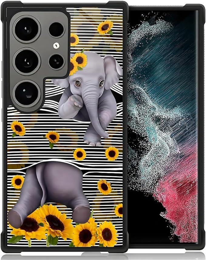 for Samsung Galaxy S24 Ultra Case, Cute Little Elephant Sunflower White Line Art Pattern Graphic Design Soft Silicone Hard Acrylic Shock Protection for Samsung Galaxy S24 Ultra