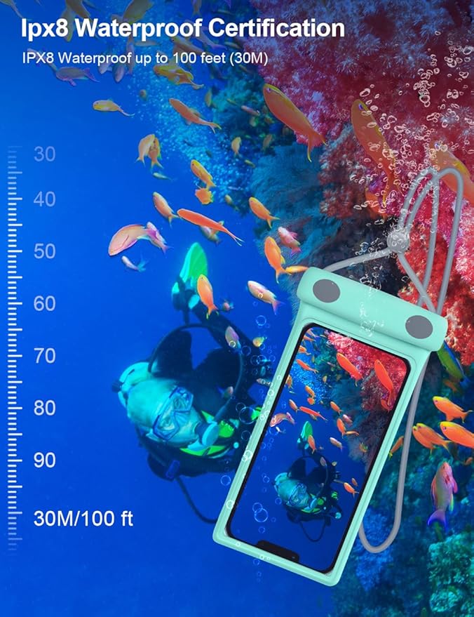 wellhouse Waterproof Phone Pouch, Waterproof Phone Case for iPhone 16 15 14 13 Pro Max XS Samsung, IPX8 3D Cellphone Dry Bag Beach Essentials - Duke Crystal Mint