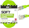 Iron Forge Cable 10 Gauge Extension Cord 50 ft, 10/3 Heavy Duty Extension Cord 50 Foot 3 Prong Lighted End, SJTW Light Green Outdoor Power Cable for Major Appliances, 15 AMP - US Veteran Owned