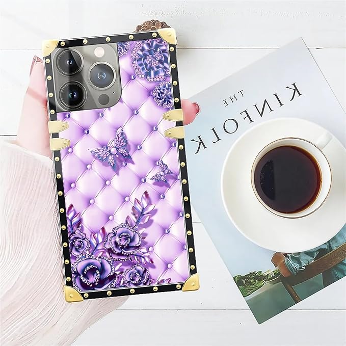 Compatible with iPhone 15 Pro Max Case, Purple Butterfly Flowers Leaf Luxury Golden Decoration for Girl Women Soft TPU Shockproof Protective Hard PC Back for iPhone 15 Pro Max