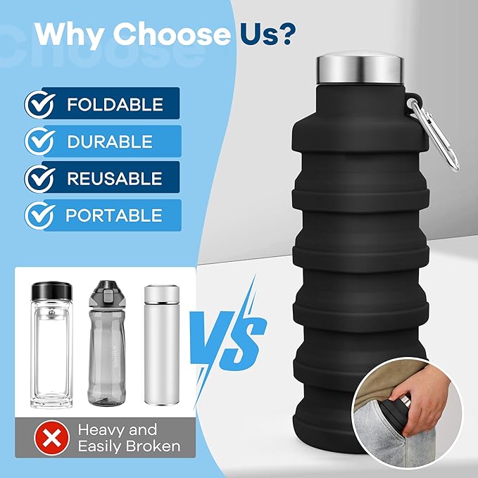 Collapsible Water Bottle,17oz Reuseable BPA Free Silicone Foldable Water Bottles for Travel Gym Camping Hiking Outdoor Indoor Sport-Light Blue