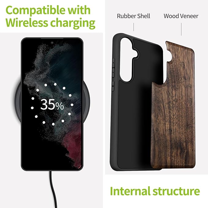 Carveit Wood Case for Galaxy S24 Plus Case [Natural Wood & Black Soft TPU] Shockproof Protective Cover Unique Wooden Design Compatible with S24 Plus (World Map-Walnut)